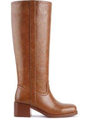 Womens Saddle Brown Square Toe Chunky Block Heel Wide Calf Riding Knee High Boot
